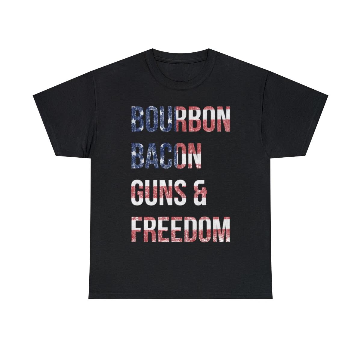 

Bourbon Bacon Guns And Freedom Graphic Tee Shirt, S-5XL XL