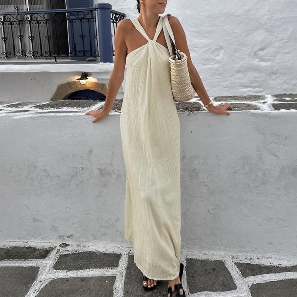 Beige Sleeveless Hanging Neck Seaside Beach Casual Dresses