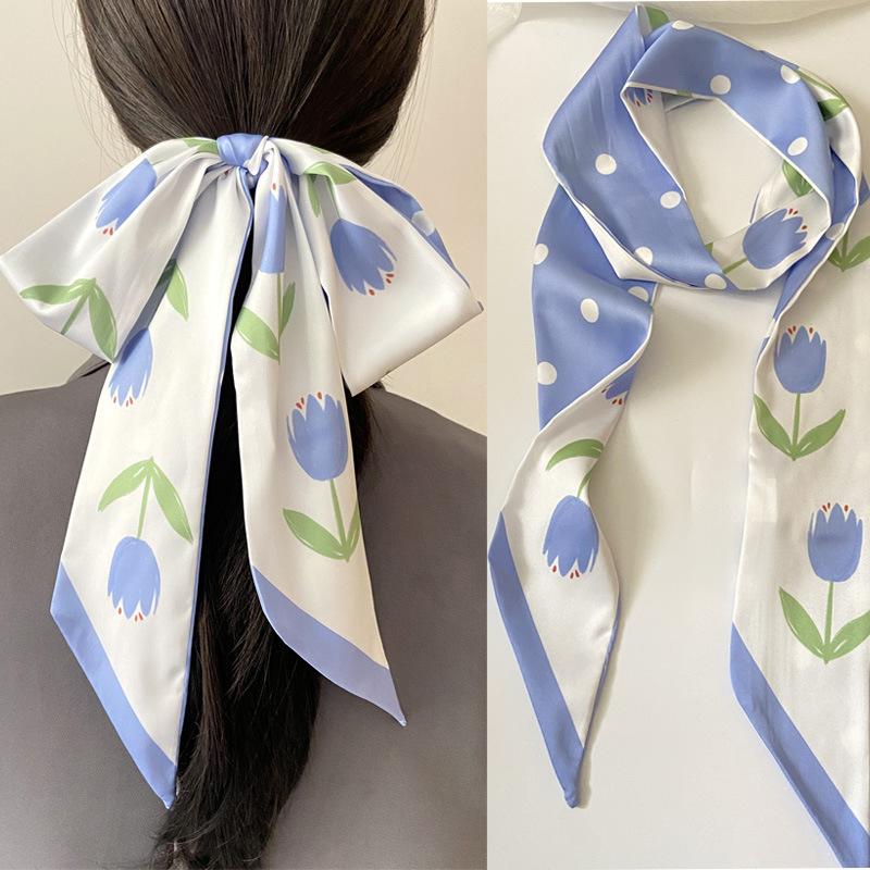 Fashion Blue Tulip Thin Narrow  Long Silk Scarf Women's Headband Braided Hair Ribbon Tied Wrapped Hair Scarf Headwear