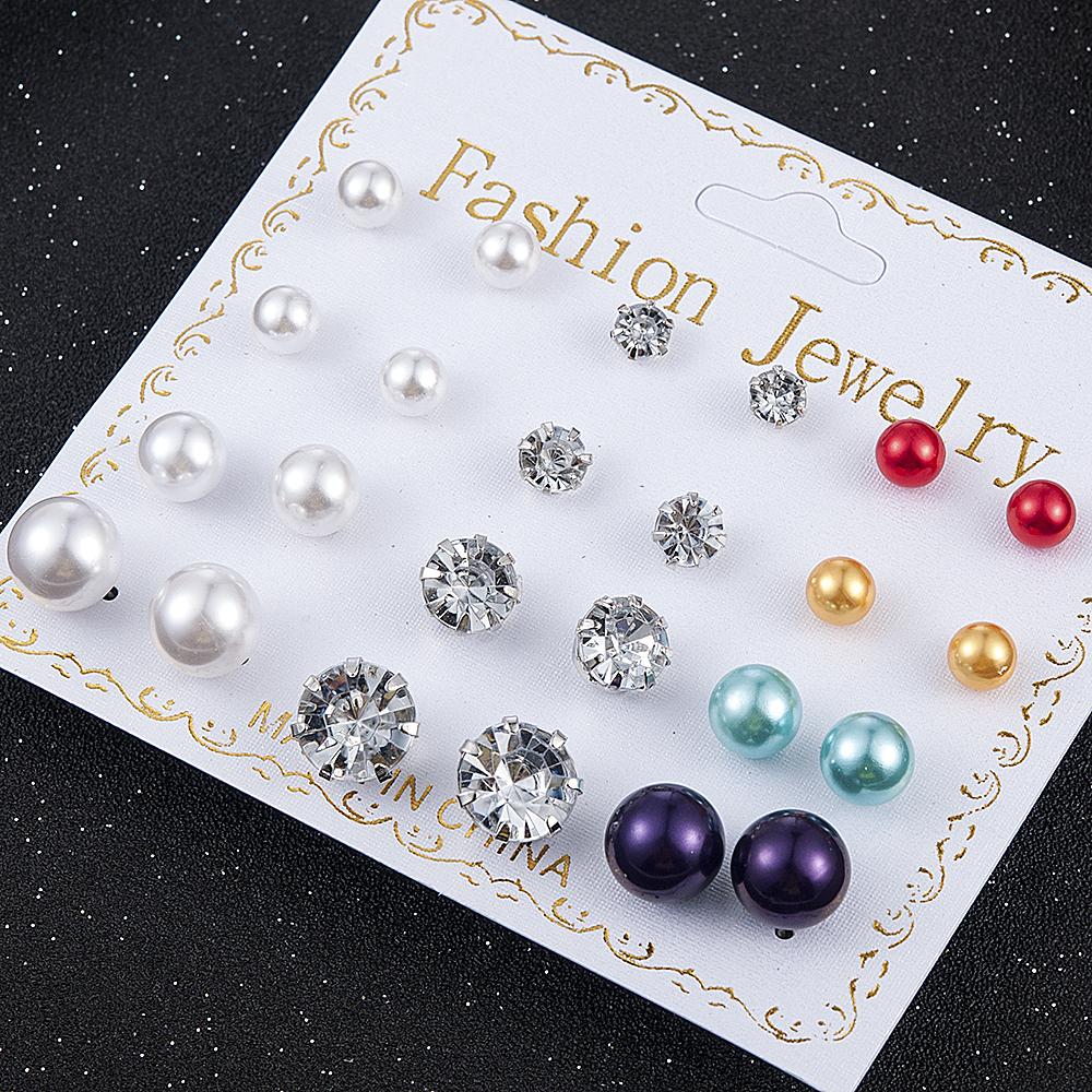 12 Pairs/Set Women's Pearl Flower Crystal Mix Design Studs Earrings Girls Elegant Gold Heart Ear Jewelry Gift Aretes De