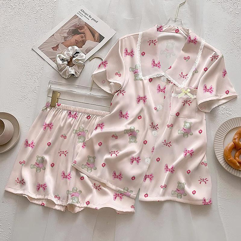 

Пижама из ледяного шелка с бантиком для женщин, летняя, с короткими рукавами, милая, с кружевным лацканом, домашняя одежда 2XL