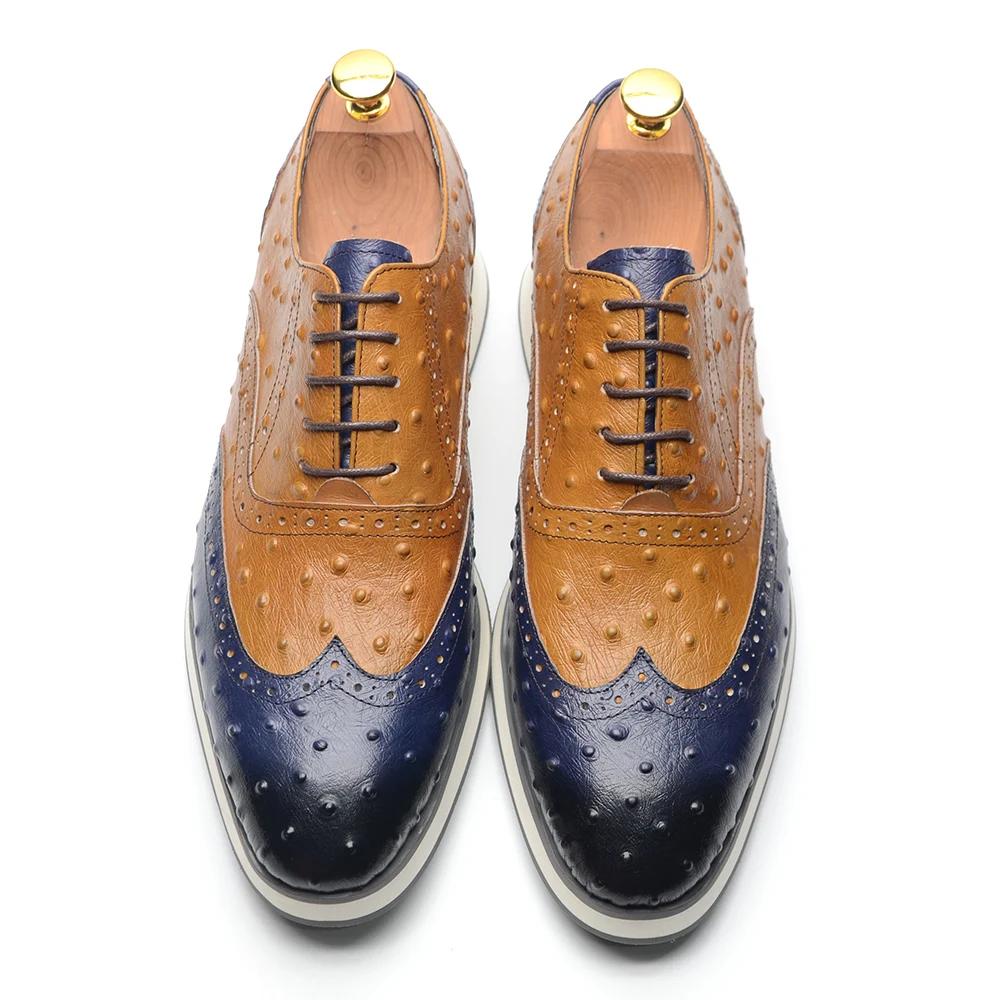Luxury Handmade Cow Genuine Leather Men's Oxford Sneakers Lace-up Wingtip Brogue Ostrich Pattern Brown Blue Casual Footwear Male