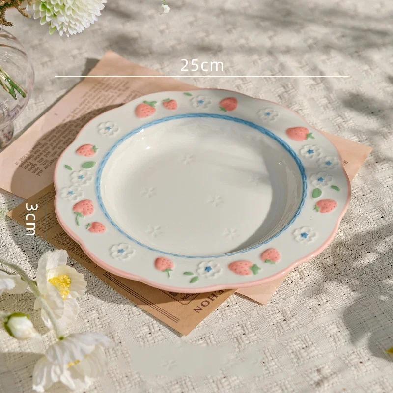 Cute Pink Strawberry Hand-painted Underglaze Ceramic Tableware Household Soup Bowl and Dish Set Dinner Plates