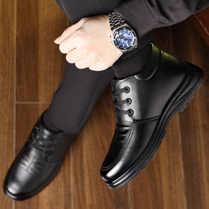 Dad shoes, leather shoes, winter velvet, medium-top lace-up boots, middle-aged and elderly cotton shoes, warm men's shoes