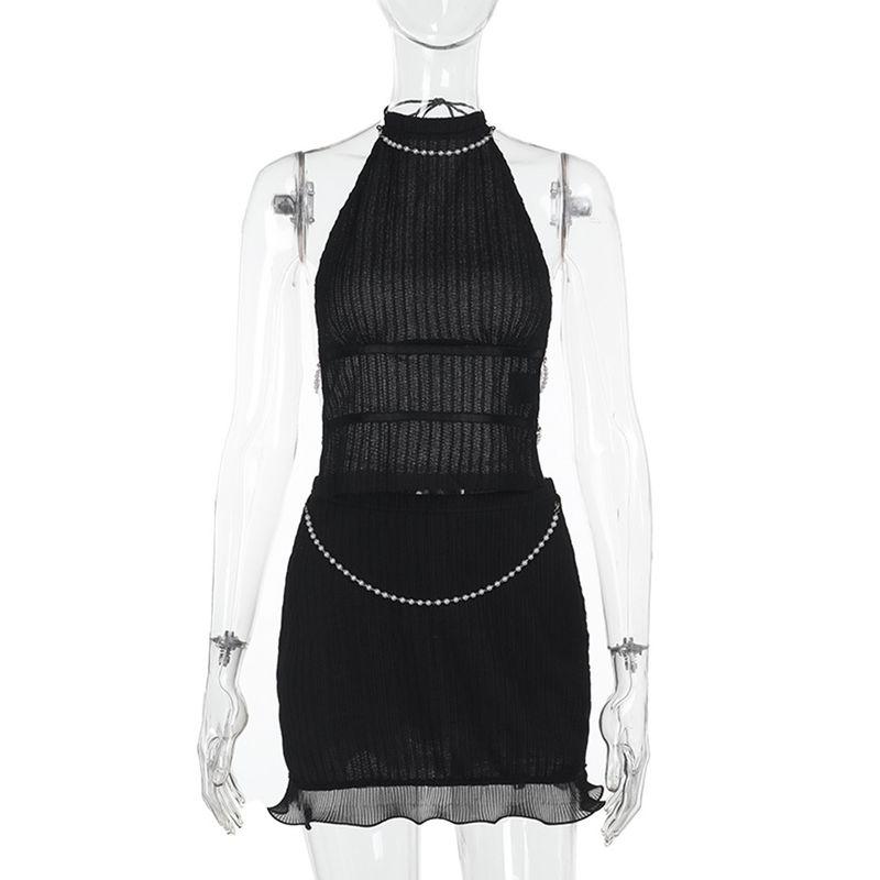 

Outfitgirl6 White Summer Vest Skirt Suit Fancy Pearl Chain Halter Backless Pure Desire Style Black L
