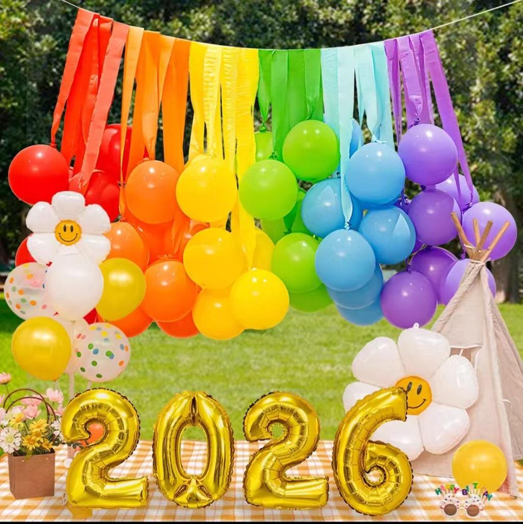 2026 Children's Day Graduation School Decoration: Rainbow Balloon & Ribbon Setup for Outdoor Classroom Camping Atmosphere