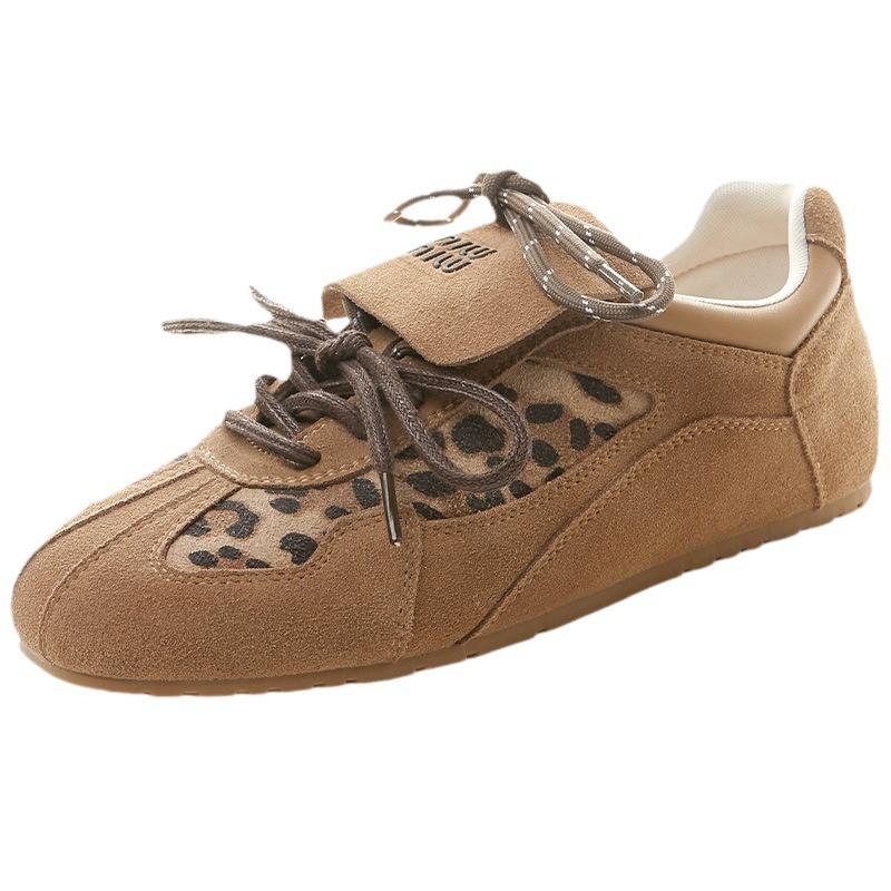 Leopard Print Horsehair German Training Shoes Women's Niche Retro Flat-bottomed Sports Board Shoes New Leather Soft Sole Forrest Gump