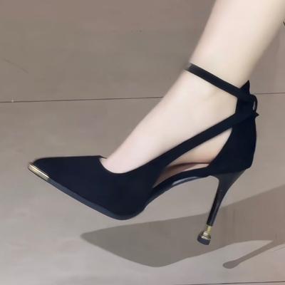 Wildleder schwarz hohe Absätze Damen Erwachsene Zeremonie verbreitert und verdickt spitz Temperament Einzelne Schuhe dick Professionelle Arbeitsschuhe