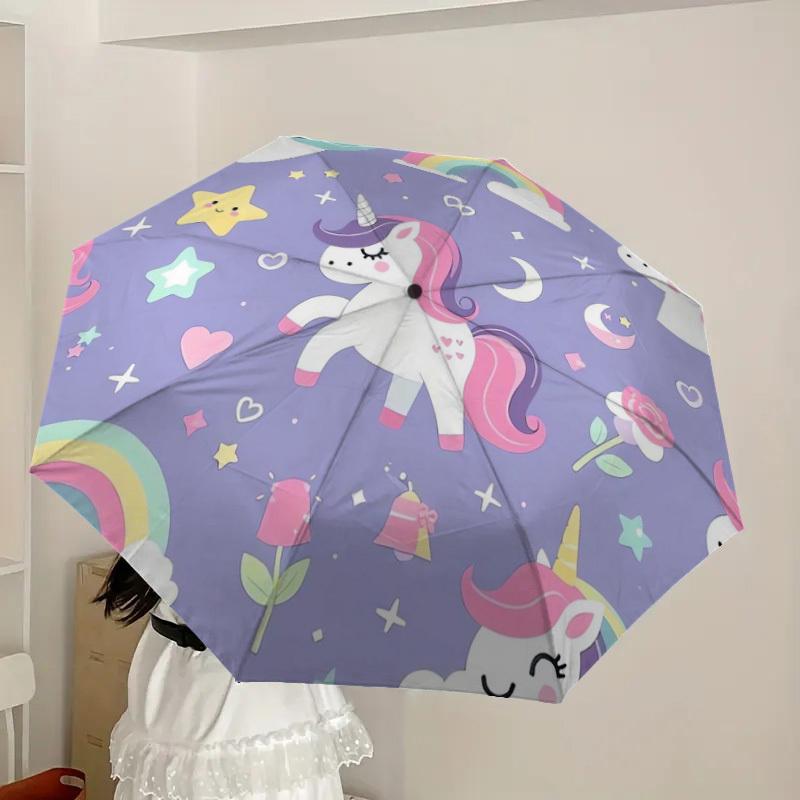 1pc Unicorn Fantasy Rainbow Stars Moon Umbrella with Plastic Handle,Suitable for All Seasons Home Travel Outdoor UmbrellaDD1395