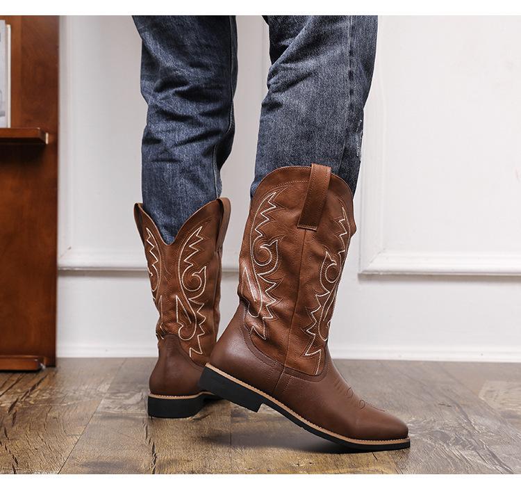 Men's Retro Leather Cowboy Boots, Size 48 - Trendy High Boots for Spring, Autumn, and Winter