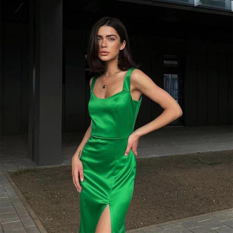 Fashion Wind Sexy Sling Stylish Slit Satin Dress Sexy Suspender Slit Dress