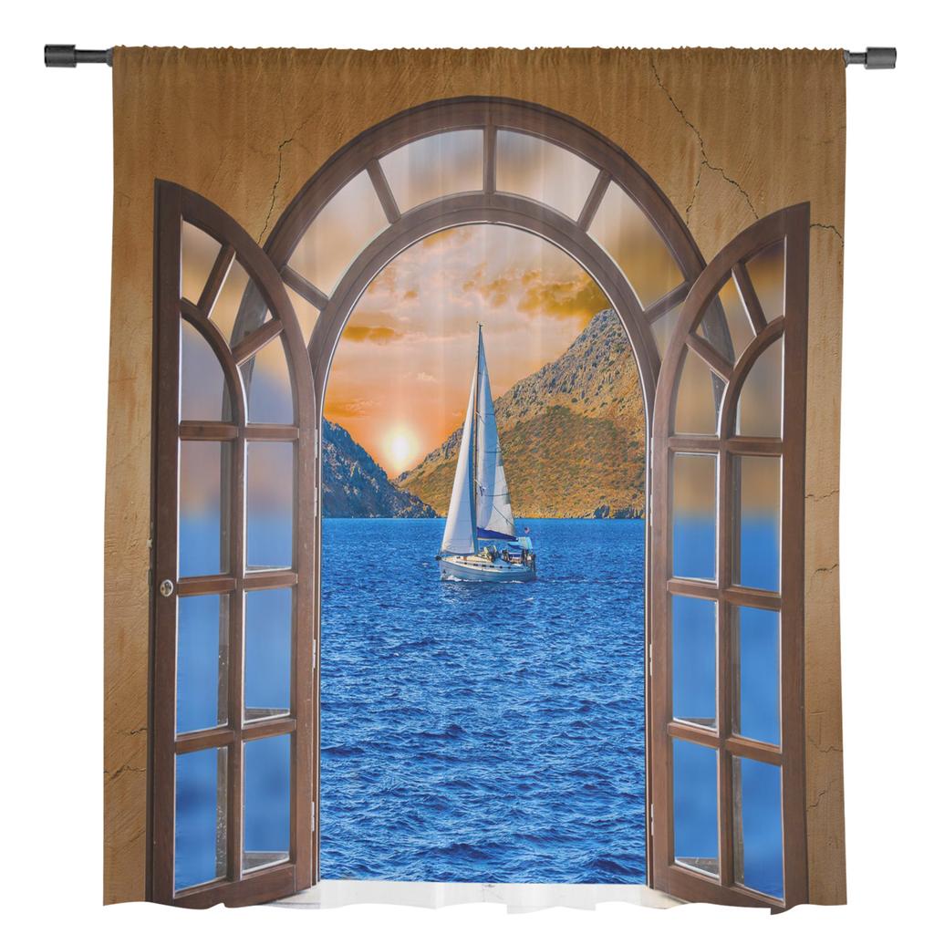 Fenster, Meer, Segeln, Landschaft, durchsichtige Vorhänge, Wohnzimmer, Fenster, Tüllvorhänge für Schlafzimmer, Küche, Heimdekoration, Voile-Vorhänge