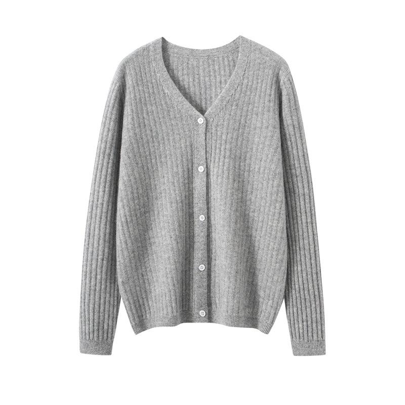 Women's 100% Cashmere V-Neck Ribbed Cardigan - Slimming, Versatile, and Warm Knit Sweater Coat