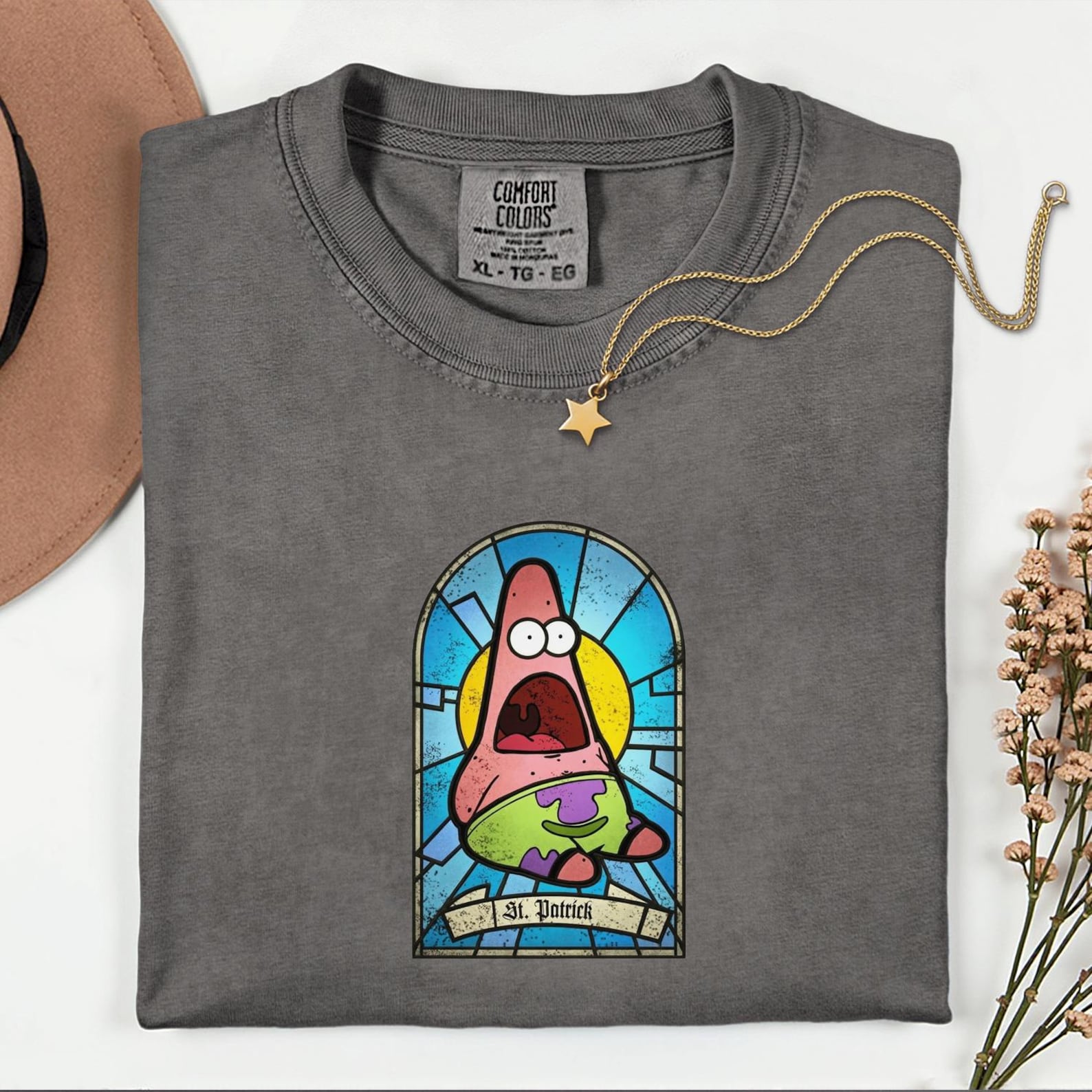 St. Patrick T-Shirt, Funny Stained Glass Tee, Patrick Star Fan Gift S