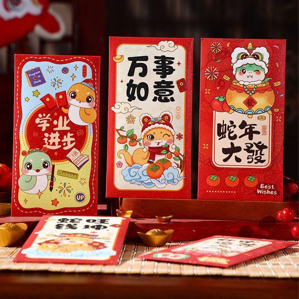 6 Stück Traditionelle 2025 Jahr der Schlange Rote Umschläge Hongbao Roter Umschlag Neujahr Glücksgeldbeutel Bonus