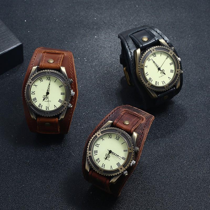 Mens Vintage Leather Bracelet Watch Accessory Adjustable Cuff Style Brown Black Retro Design