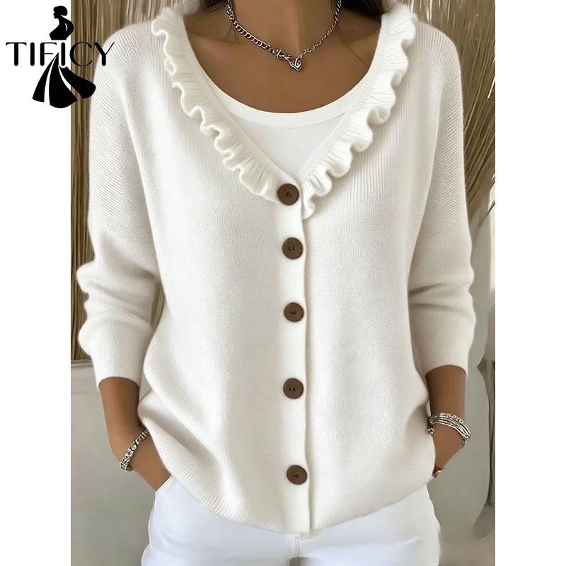 TIFICY Women's Fashion Casual Fall Winter Solid Color Print Long Sleeve POLO Neck Sweaters