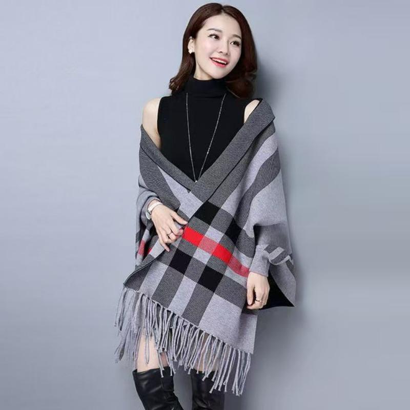 Dámský ležérní dámský svetr s dlouhým rukávem, dámská šála, oboustranná pelerína, kostkovaný pletený zateplený teplý kardigan