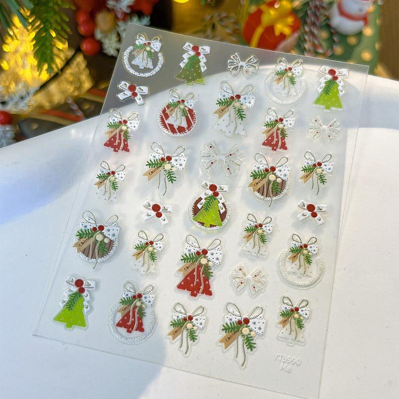 3D Embossed Christmas Wreath And Bell Nail Art Stickers Festive DIY Manicure Decorations Adhesive Nail Accessories