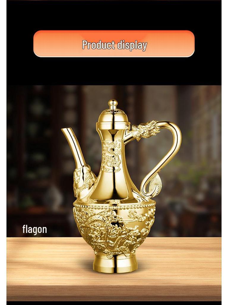 Dragon & Phoenix Wine Set: Silver Pot, Silver-Plated & Gold-Plated Cups, Five-Piece Set in Leather Box.