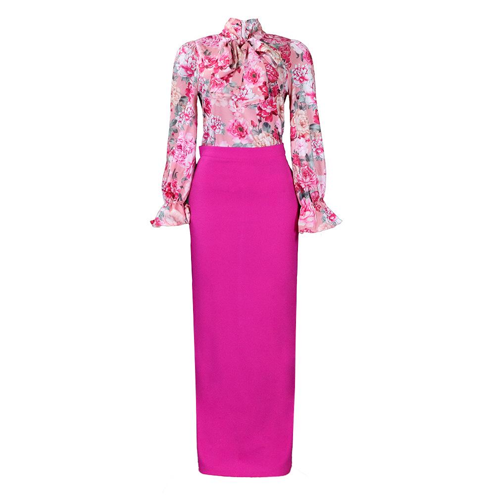 D323 European  American Women s 2026 Fashion Lace-up Print Long Sleeve Midi Skirt Two-piece Set S розовый