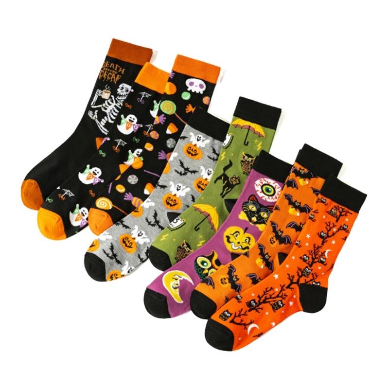 Halloween Themed Cotton Socks Elastic Cuffs Breathable Fabric Practical Wear Festive Ghosty Pumpkin Patterns