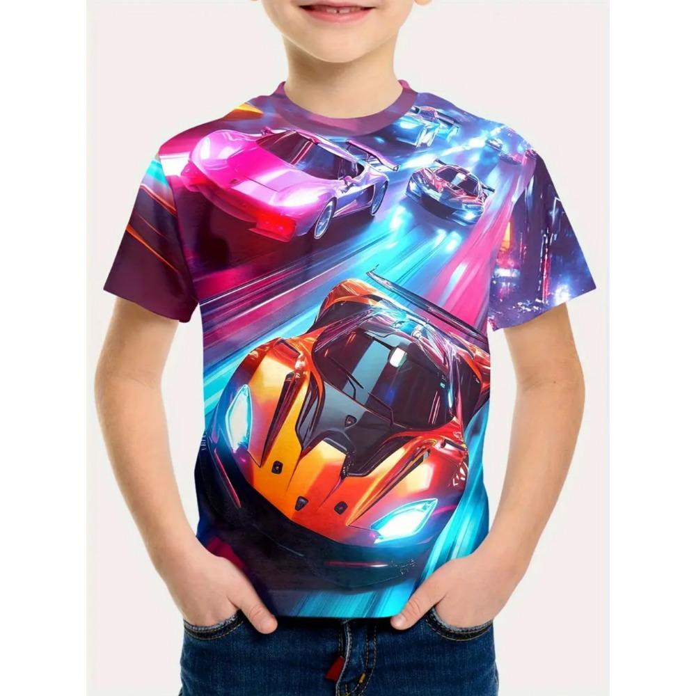 Boys' T-shirts with racing prints, fashionable children's T-shirts, short sleeved children's T-shirts, casual baby clothing for boys