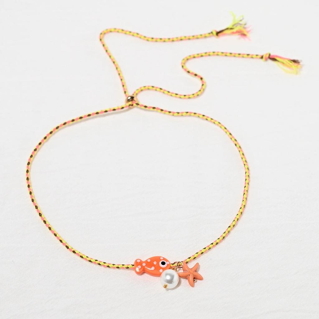 Colorful Bohemian Ceramic Fish Pendant Necklace for Women Adjustable Multicolored Rope Choker Jewelry for Summer Beach Vacation