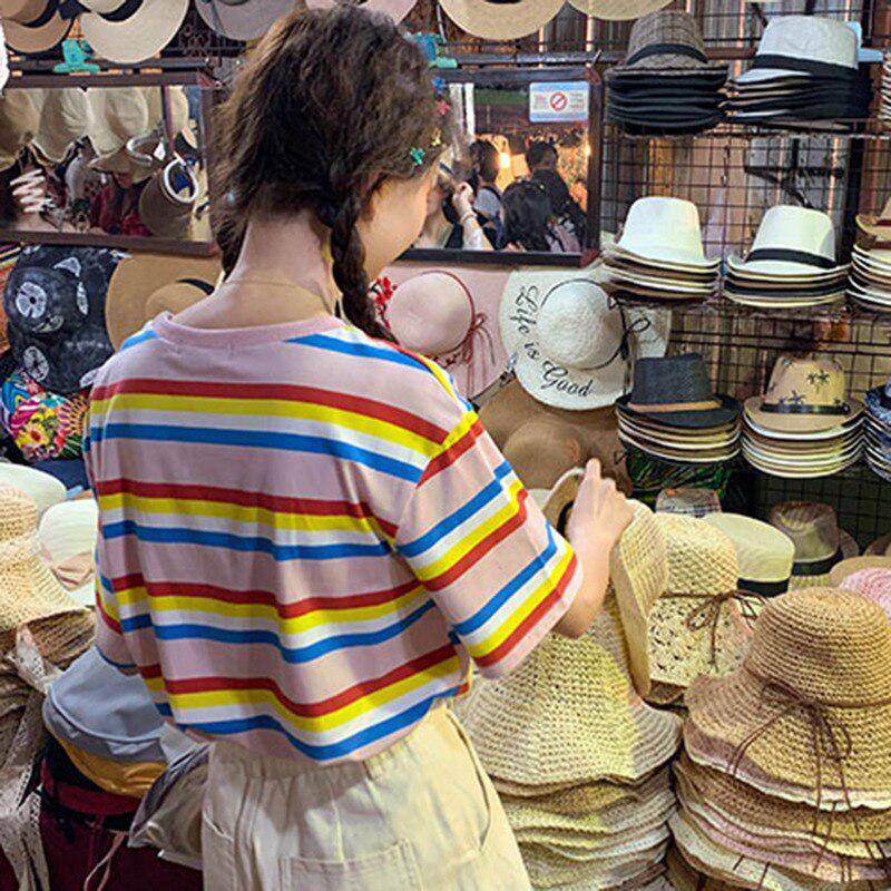 Women's Fashion Summer Casual T Shirt Short Sleeve O-Neck Rainbow Striped Flower Loose Tee