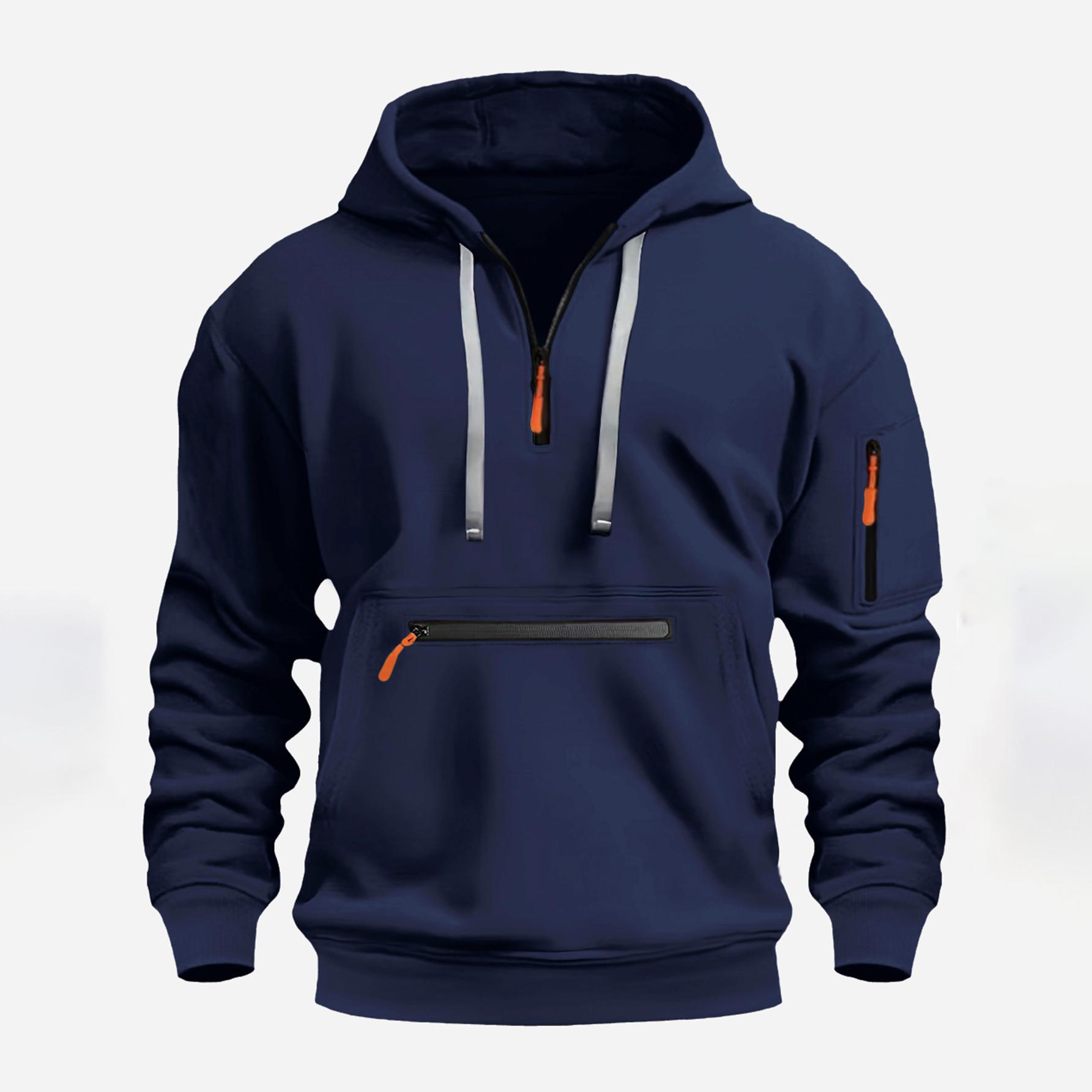 Большой размер осень и зима повседневный спортивный мужской свитшот с несколькими карманами на молнии и капюшоном XXXL темно-синий 2729₽
