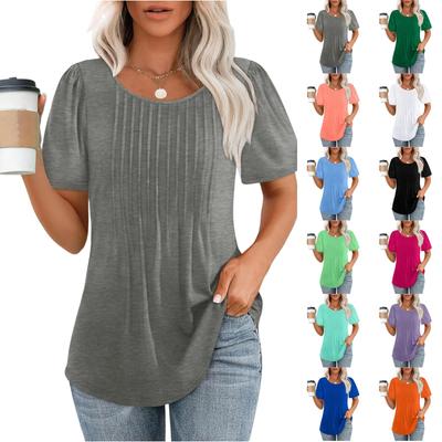 Women Soild -Neck Cute Tee Short Sleeve Pleated Dressy Casual Scooped Neck T Shirt Tops