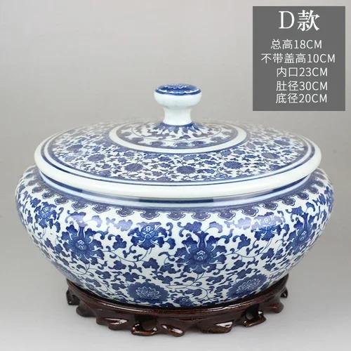 Vintage Ceramic Storage Jar with Lid Blue Flower Pattern Tea Caddy Living Room Ornament Flat Belly Ceramics Jar Home Decoration