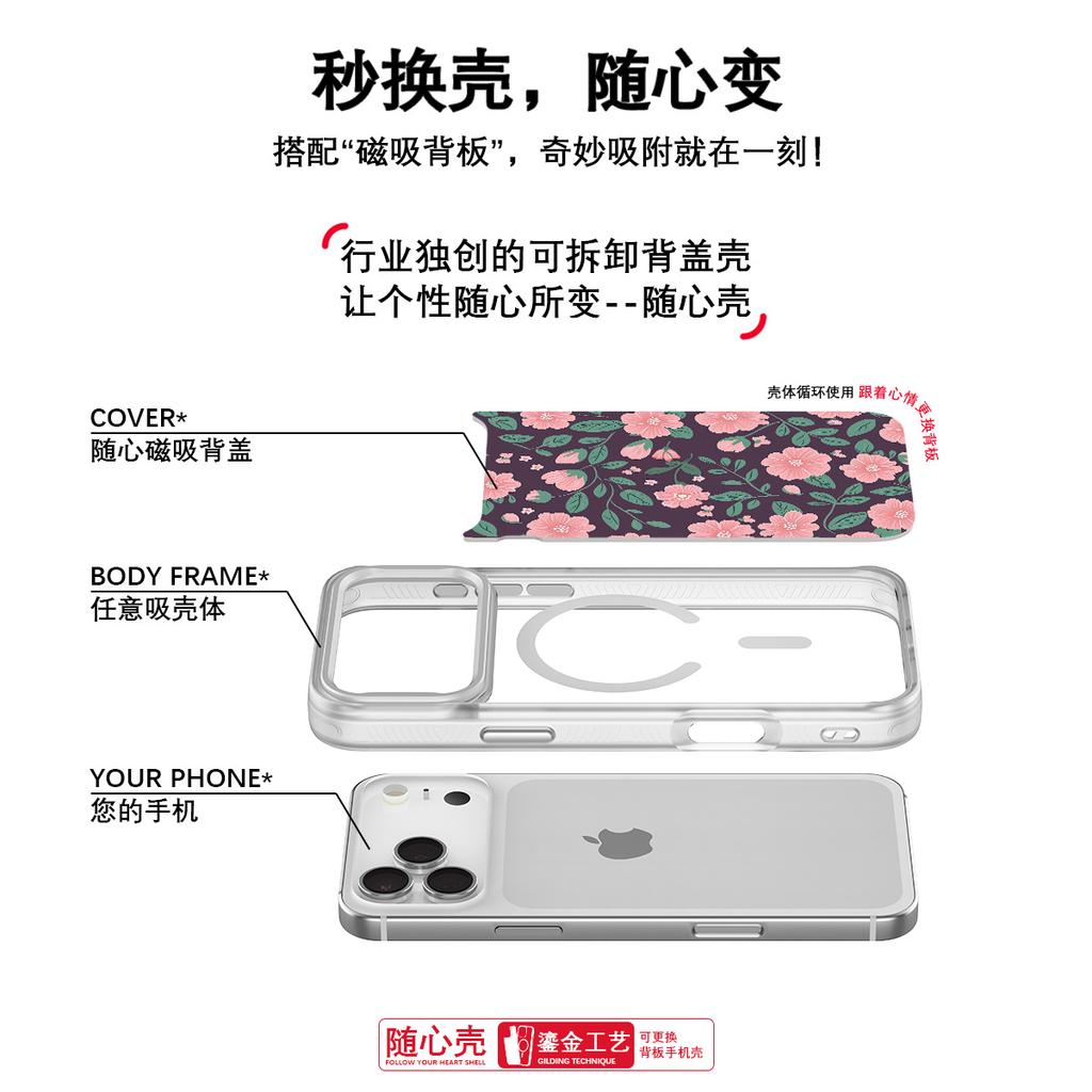 Applicable To Apple 17pro Mobile Phone Case, Advanced Sense 16 Replaceable Back Plate 15promax Magnetic Mobile Phone Case, Green Pink Flower.