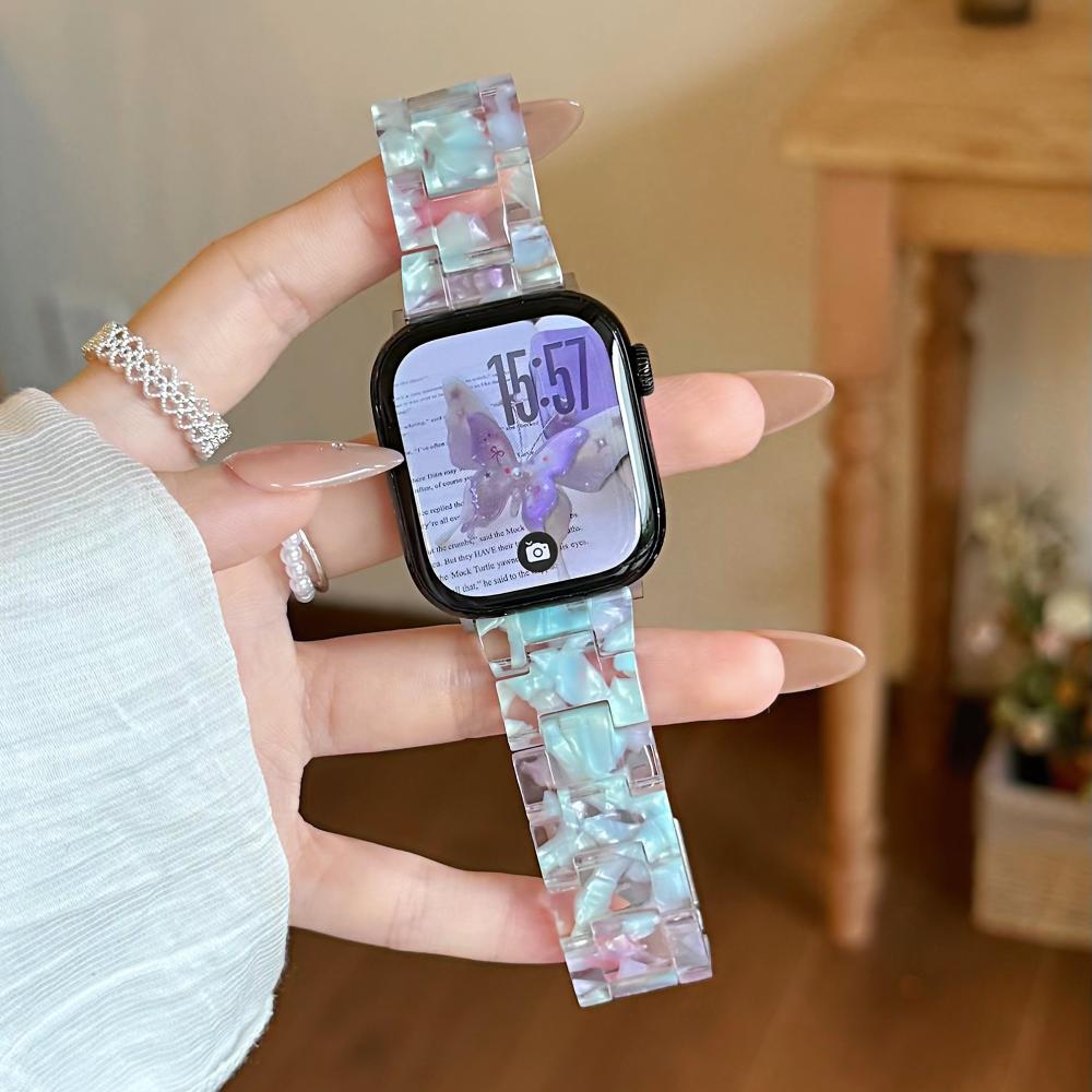 Marble Shell Pattern Resin Watch Band Butterfly Buckle Strap Compatible with Apple Watch Series 1–11 / SE / Ultra Fits 38–49mm