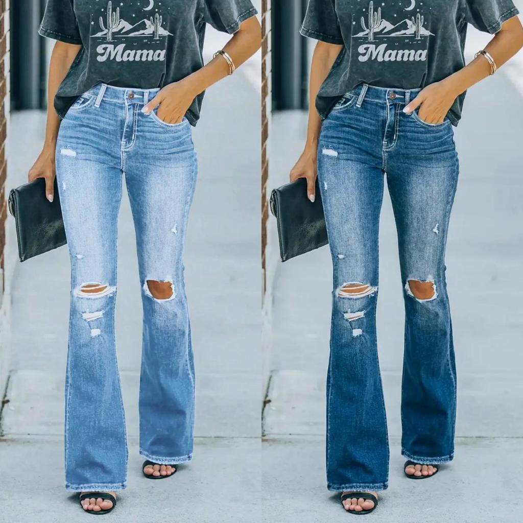 Women's Ripped High-Waisted Slimming Micro-Flare Jeans 2025 Fashion Washed