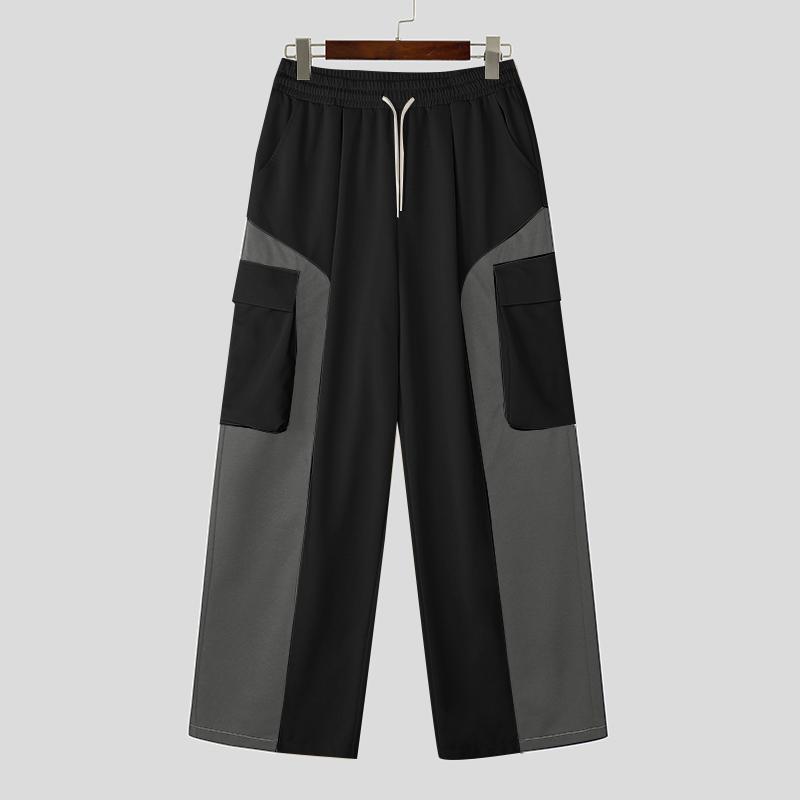 

INCERUN Мужские брюки с широкими штанинами и эластичным поясом на завязках, большие карманы, повседневные длинные брюки с шитьем S чёрный