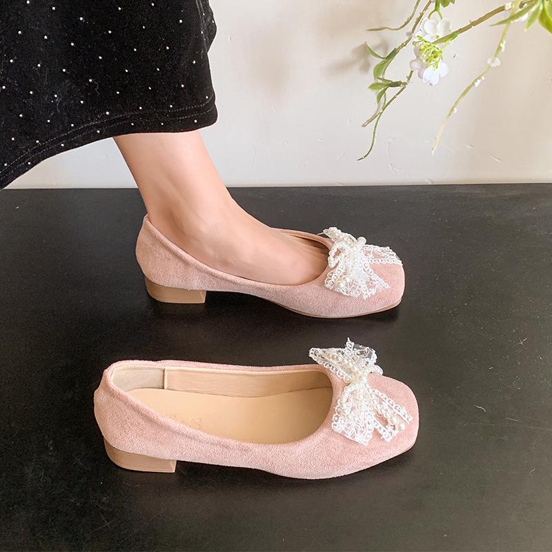 Square head single shoes women's summer new Doudou shoes pearl flat bottom shallow mouth versatile evening gentle laden shoes
