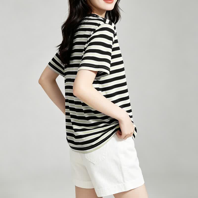 Women's 100% Mulberry Silk Striped Short-Sleeve T-Shirt