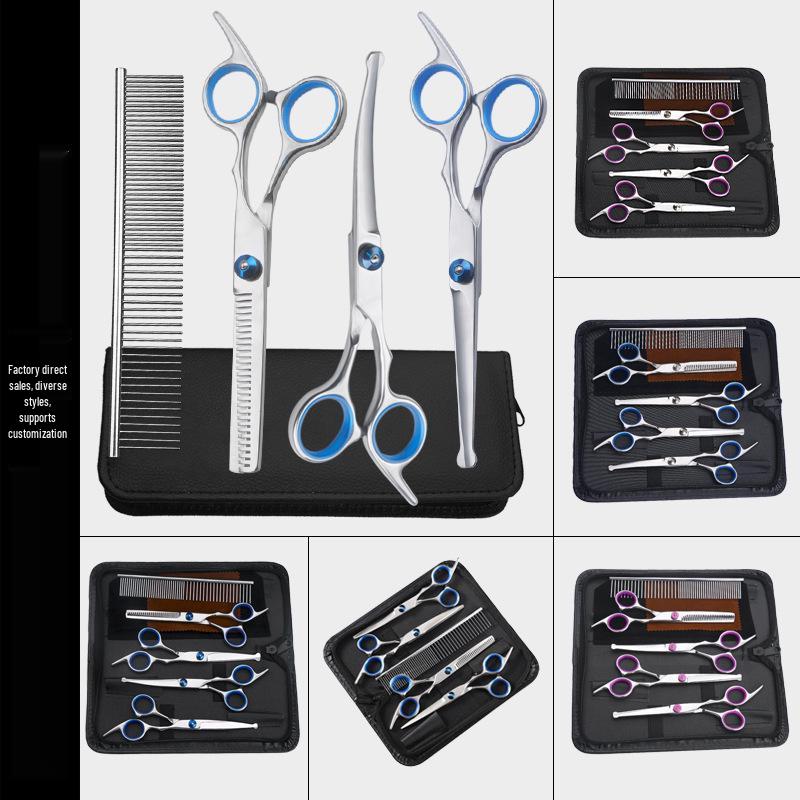 All-Steel Pet Grooming Scissors Set: Flat-Tooth & Curved Trimmers for Dog Hair Care.