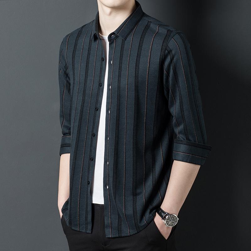 Camicia da Uomo Business Casual Primavera Tessuto Morbido Confortevole Traspirante Righe Rever