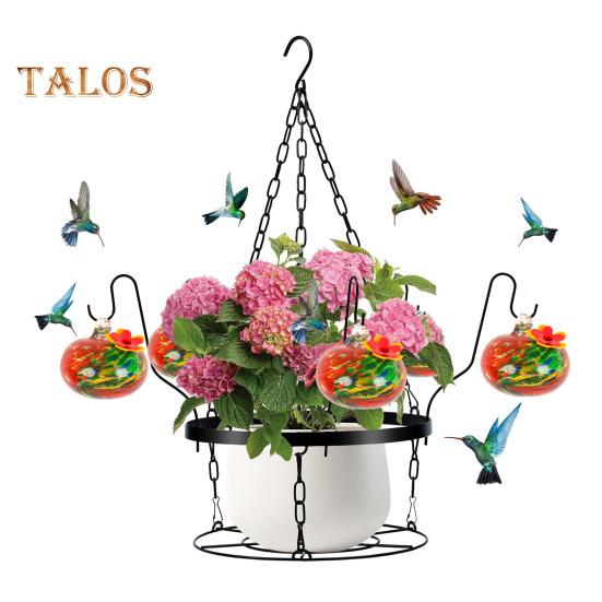 Hand Blown Glass Hummingbird Feeder 2-in-1 Hanging Metal Planter Holder with 6 Small Blown Glass Birdfeeder for Garden Backyard Window Decor