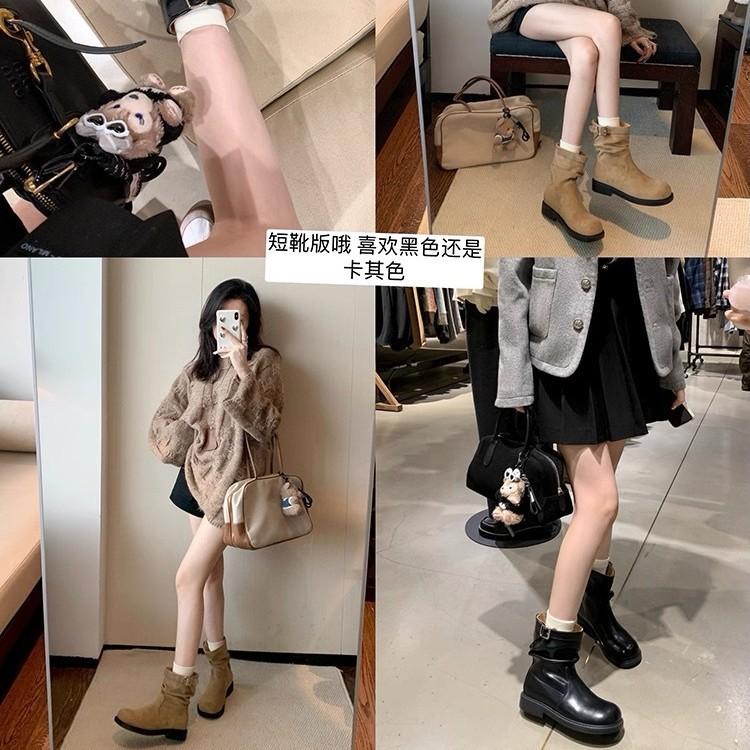 Cowhide~ Grape Mom Korean Pleated Buckle Belt Thick Heel Stack Knight Boots Medium Tube Thin Long Boots Genuine Leather Women's Short Boots