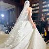 Mori Style White Butterfly Bridal Veil & Fishtail Wedding Dress with Pearl Headpiece