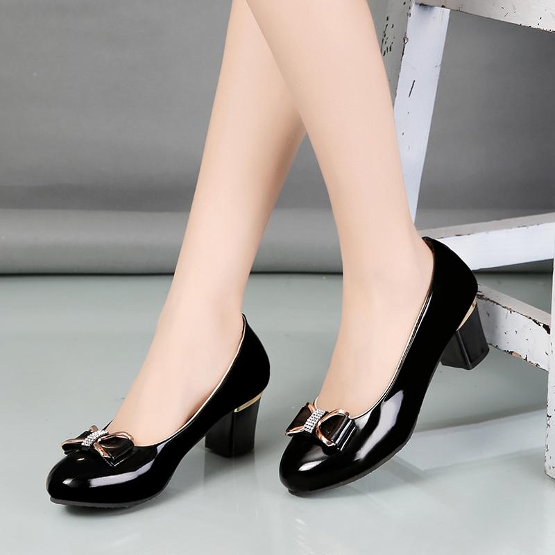 Fashion Single Shoes Autumn New Round Toe Shallow Mouth Metal Buckle Bow Slip-on Non-Slip High Heels