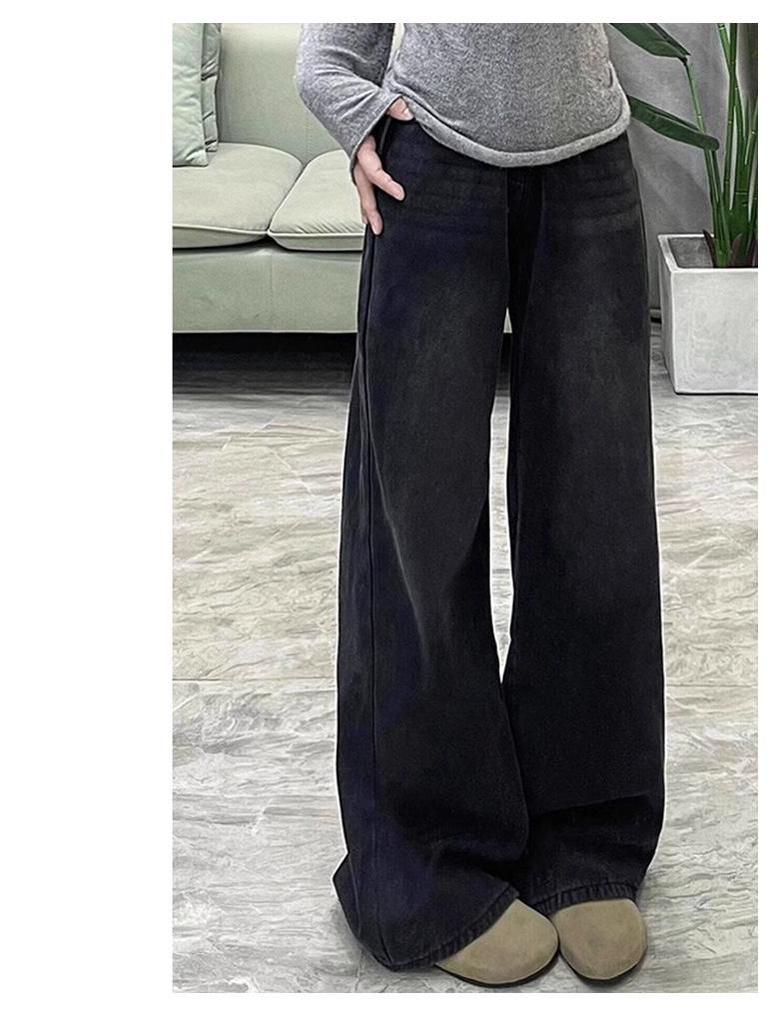 Women's Plus-Size Black-Gray Wide-Leg Jeans with Velvet, Slimming, Loose Fit for Autumn and Winter