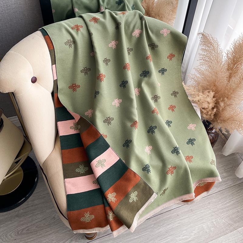 Nová módní včelí vzor Dámská žakárová pašmínová kašmírová šála Zimní tlustá hřejivá oboustranná přikrývka s kontrastní barvou