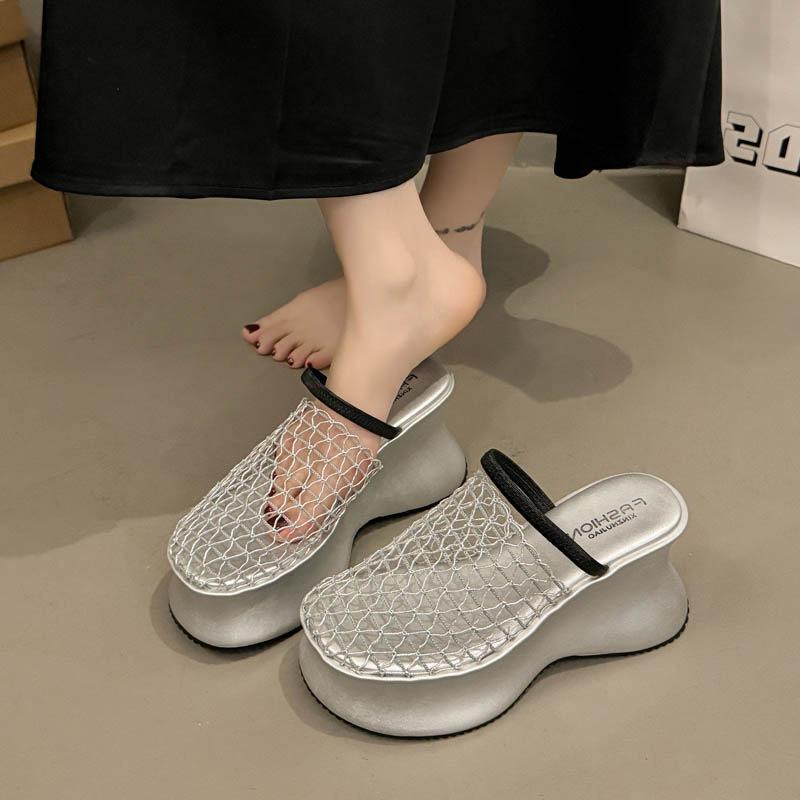 2025 summer new design mesh hollow breathable bag head half slippers women's thick bottom Roman muffin cool slippers