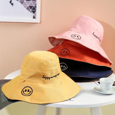 Polyester-cotton Large Brim Fisherman Hat for Women, Spring, Summer and Autumn, Sun Protection Visor, Double-sided Embroidered Smiley Basin Hat