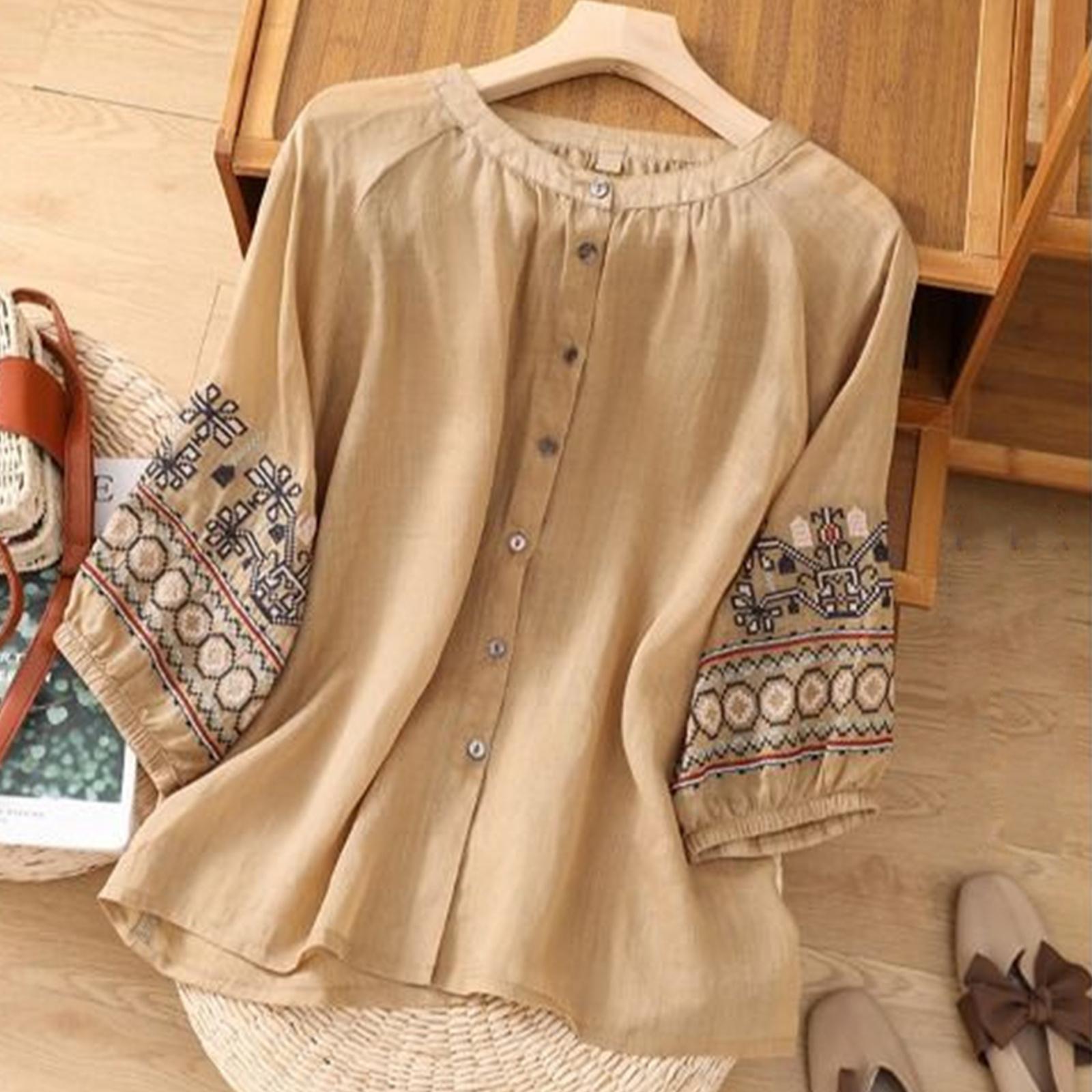 

Женский кардиган в винтажном стиле, оверсайз, с вышивкой, рукавом три четверти и расклешенным рукавом, из смесовой хлопково-льняной ткани L