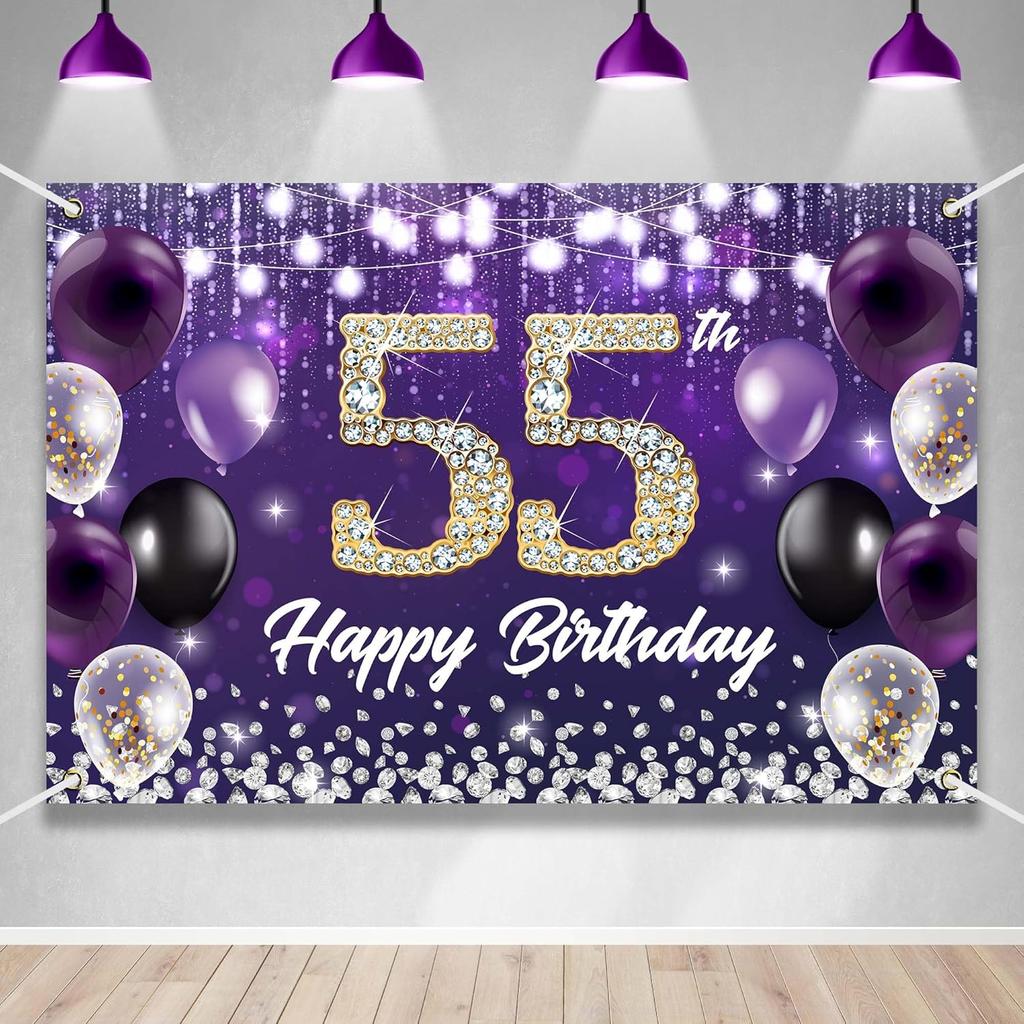 Happy 60th Birthday Backdrop Banner Purple Theme Background with Shiny Diamond Noble Elegant Birthday Party Photo Photography Prop Booth Background